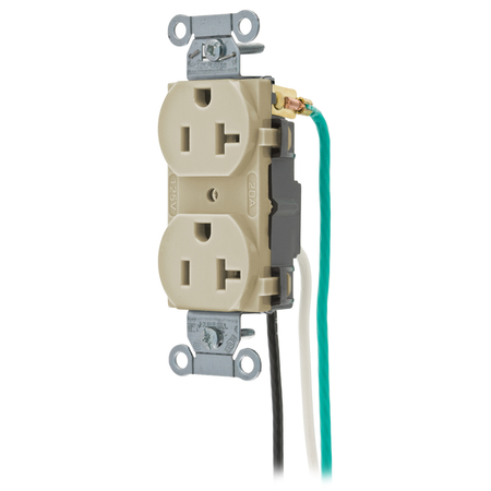 HUBBELL WIRING DEVICE-KELLEMS Straight Blade Devices, Receptacles, Duplex, Commercial Grade, 2-Pole 3-Wire Grounding, 20A 125V, 5-20R, Pre-Wired 8" Stranded Leads CR20IP2